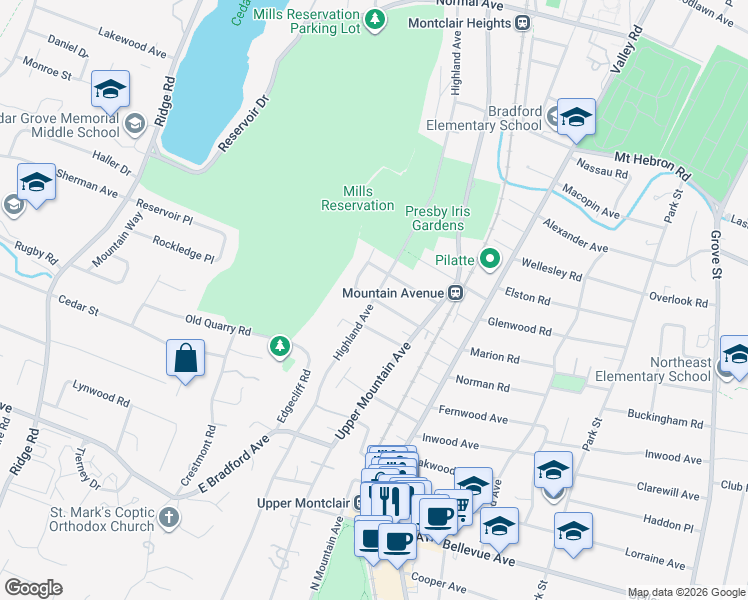 map of restaurants, bars, coffee shops, grocery stores, and more near Highland Avenue & Warfield Street in Montclair