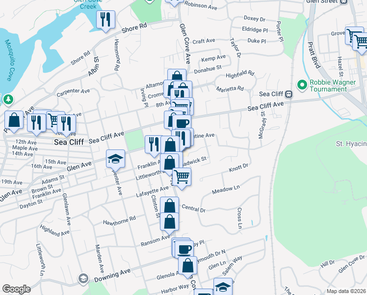 map of restaurants, bars, coffee shops, grocery stores, and more near 214 Glen Cove Avenue in Glen Cove