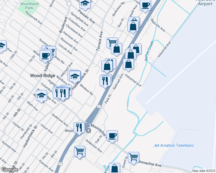 map of restaurants, bars, coffee shops, grocery stores, and more near 215 New Jersey 17 in Wood-Ridge
