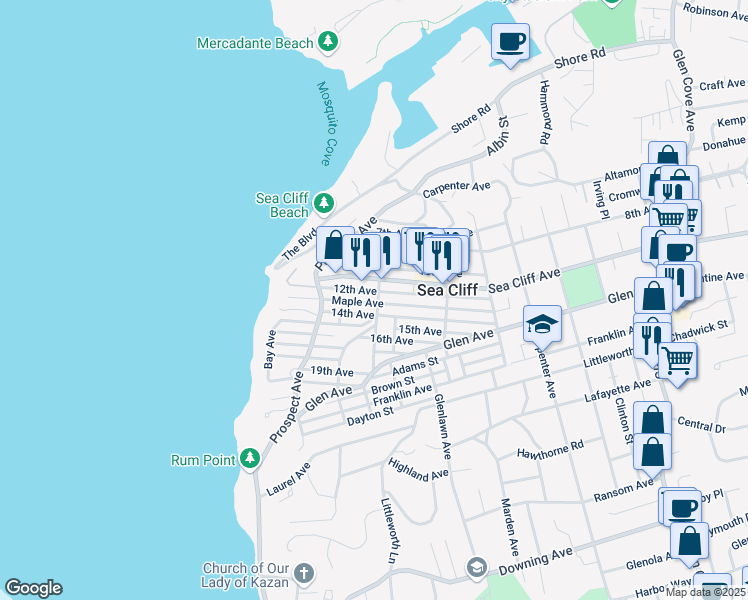 map of restaurants, bars, coffee shops, grocery stores, and more near 82 Central Avenue in Sea Cliff