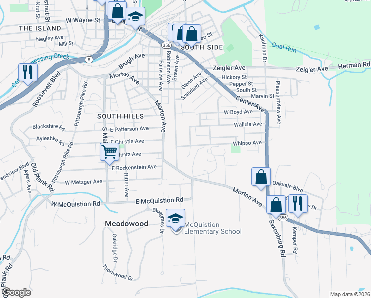 map of restaurants, bars, coffee shops, grocery stores, and more near 208 White Avenue in Butler
