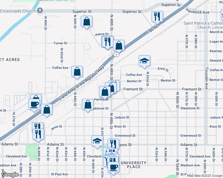map of restaurants, bars, coffee shops, grocery stores, and more near N 48th St & Fremont St in Lincoln