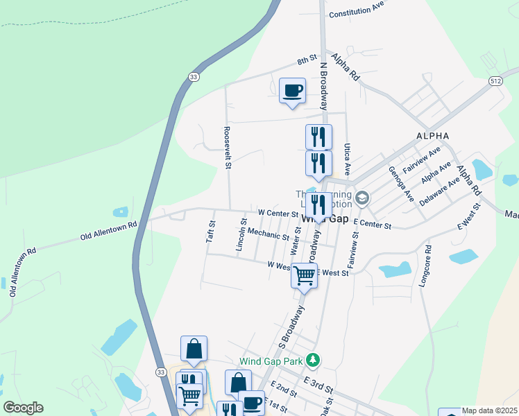 map of restaurants, bars, coffee shops, grocery stores, and more near 308 West Center Street in Wind Gap