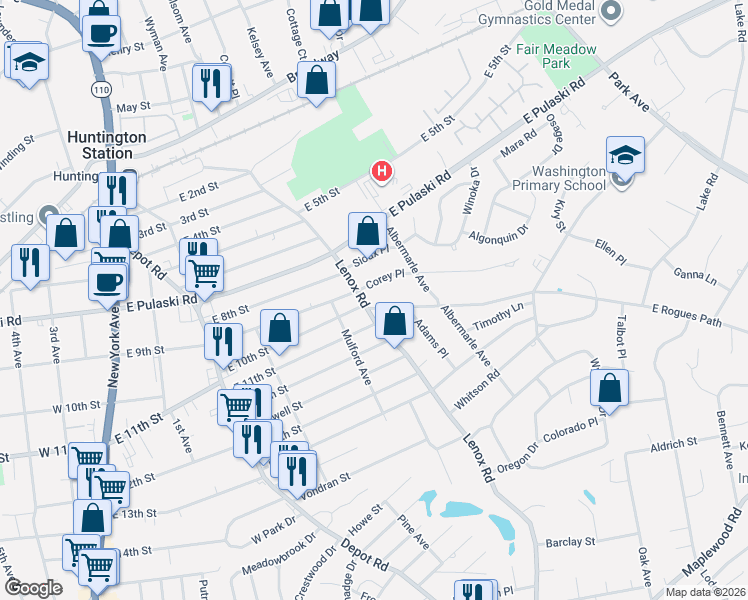 map of restaurants, bars, coffee shops, grocery stores, and more near 1 East Rogues Path in Huntington Station