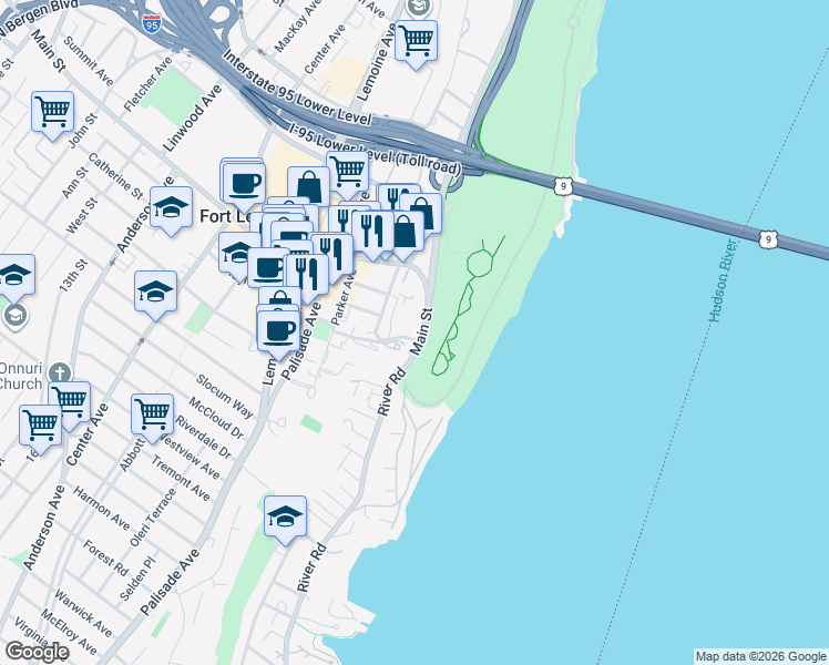 map of restaurants, bars, coffee shops, grocery stores, and more near 100 Old Palisade Road in Fort Lee