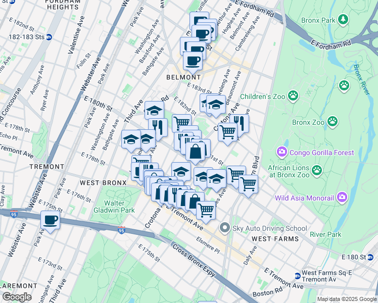 map of restaurants, bars, coffee shops, grocery stores, and more near 2111 Crotona Avenue in The Bronx