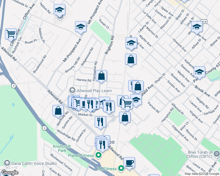 map of restaurants, bars, coffee shops, grocery stores, and more near 5 McClelland Way in Clifton