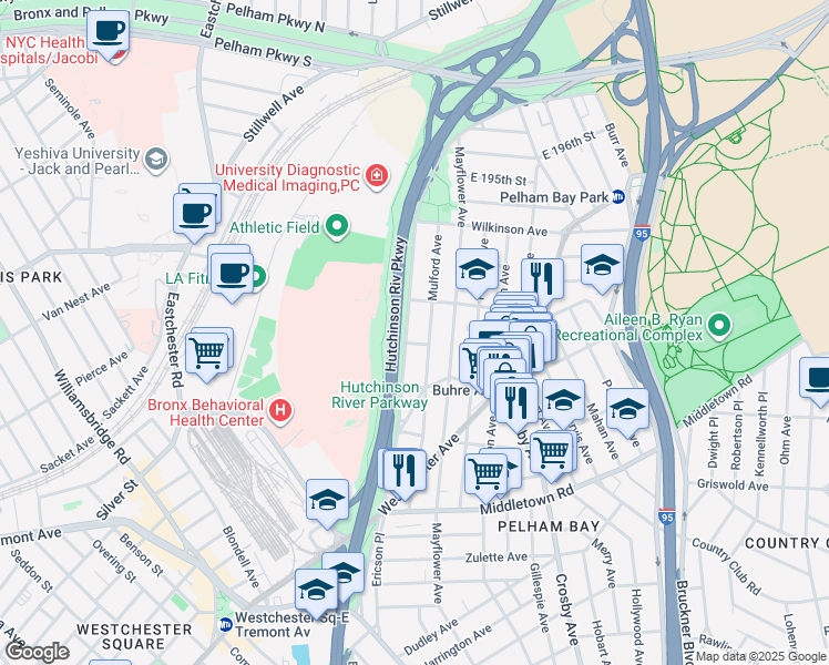 map of restaurants, bars, coffee shops, grocery stores, and more near in The Bronx