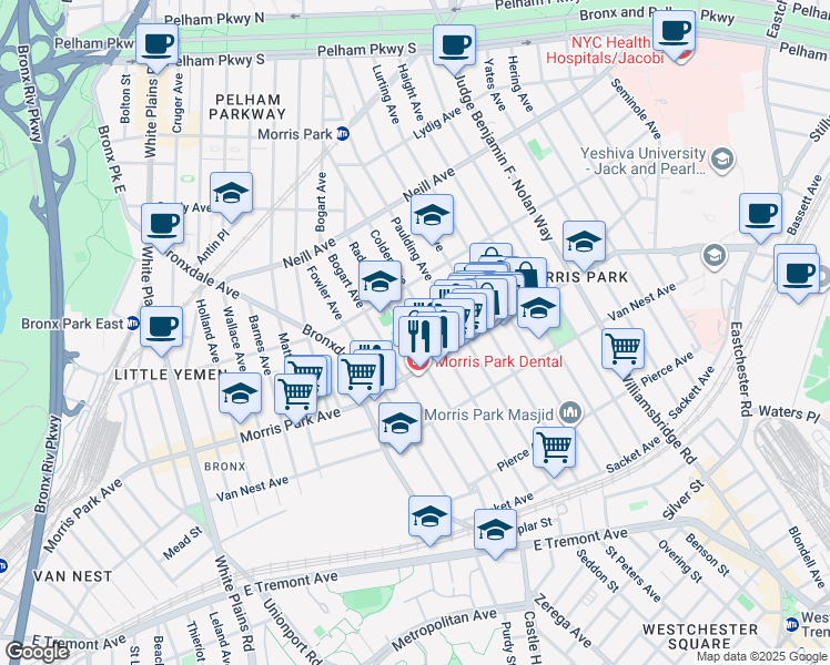 map of restaurants, bars, coffee shops, grocery stores, and more near 959 Morris Park Avenue in The Bronx