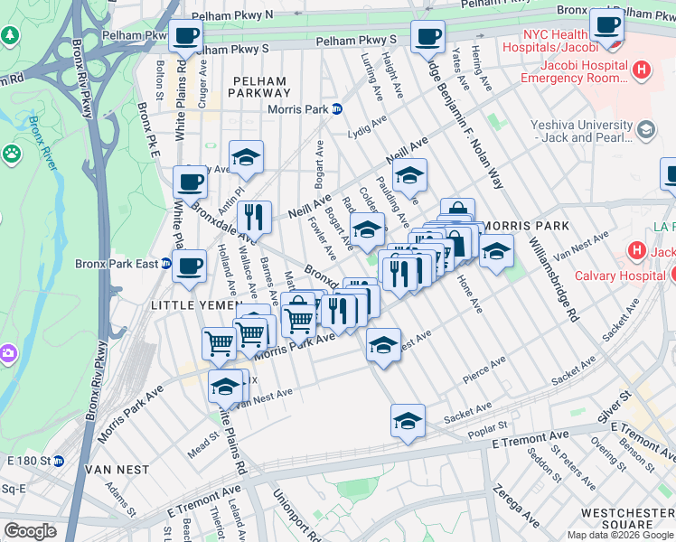 map of restaurants, bars, coffee shops, grocery stores, and more near 1840 Bronxdale Avenue in The Bronx