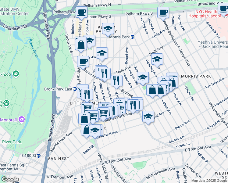 map of restaurants, bars, coffee shops, grocery stores, and more near 1868 Barnes Avenue in Bronx