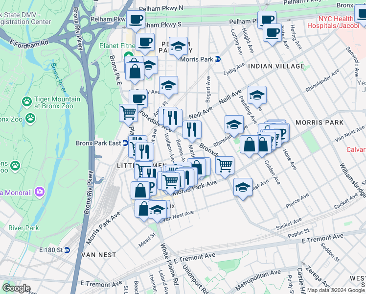 map of restaurants, bars, coffee shops, grocery stores, and more near 1868 Barnes Avenue in Bronx