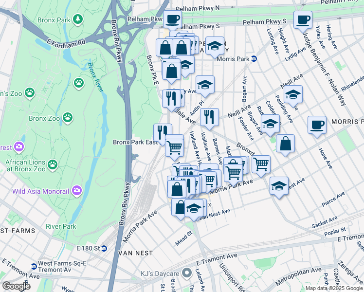 map of restaurants, bars, coffee shops, grocery stores, and more near 1908 Hunt Avenue in Bronx