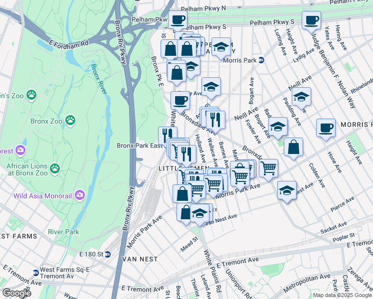map of restaurants, bars, coffee shops, grocery stores, and more near 1908 Hunt Avenue in Bronx