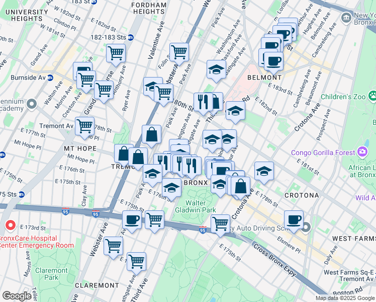 map of restaurants, bars, coffee shops, grocery stores, and more near in The Bronx