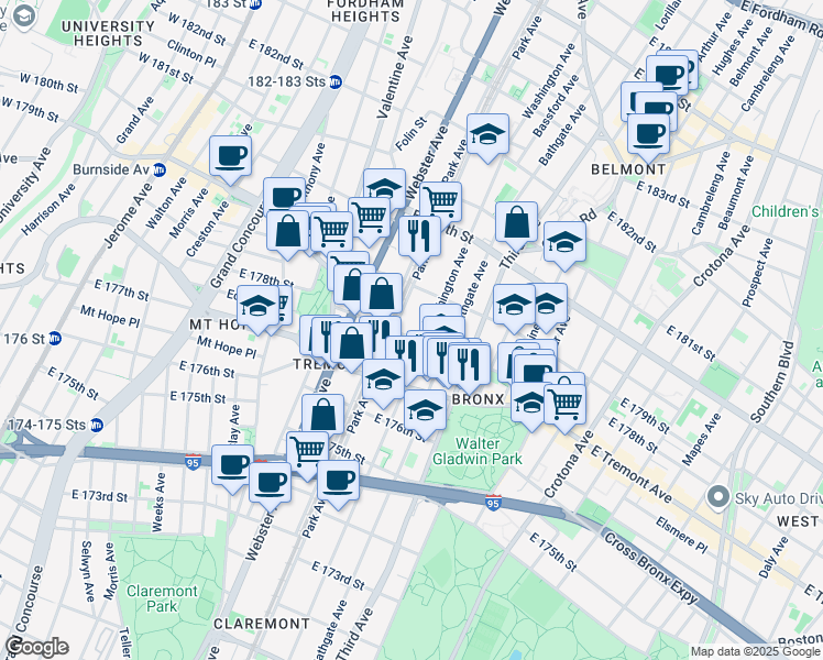 map of restaurants, bars, coffee shops, grocery stores, and more near 1948 Washington Avenue in The Bronx