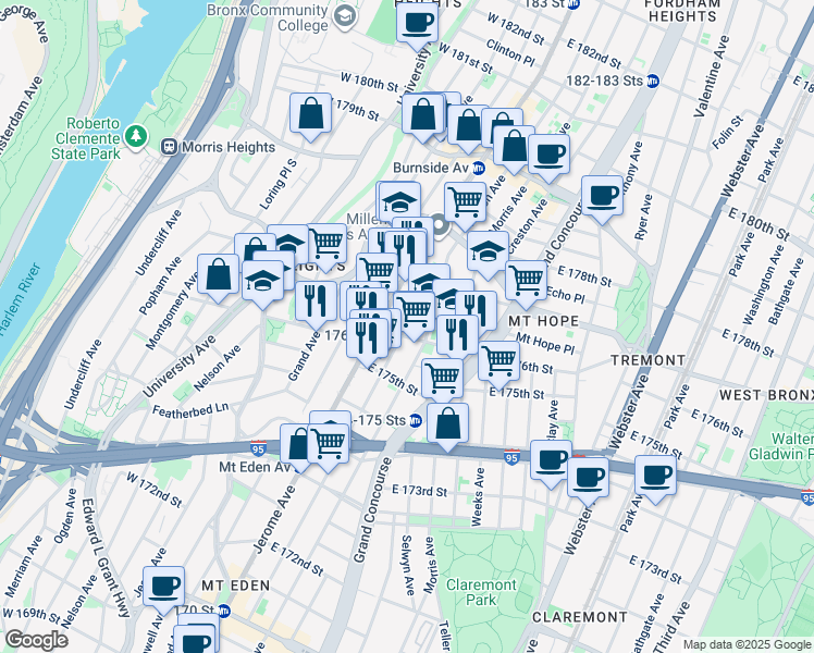 map of restaurants, bars, coffee shops, grocery stores, and more near in The Bronx