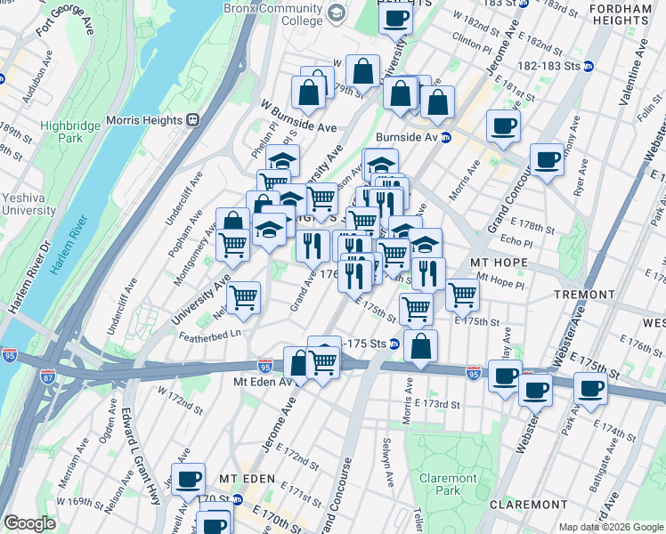 map of restaurants, bars, coffee shops, grocery stores, and more near 1749 Jerome Avenue in The Bronx