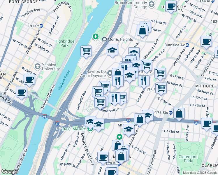 map of restaurants, bars, coffee shops, grocery stores, and more near 1710 University Avenue in The Bronx