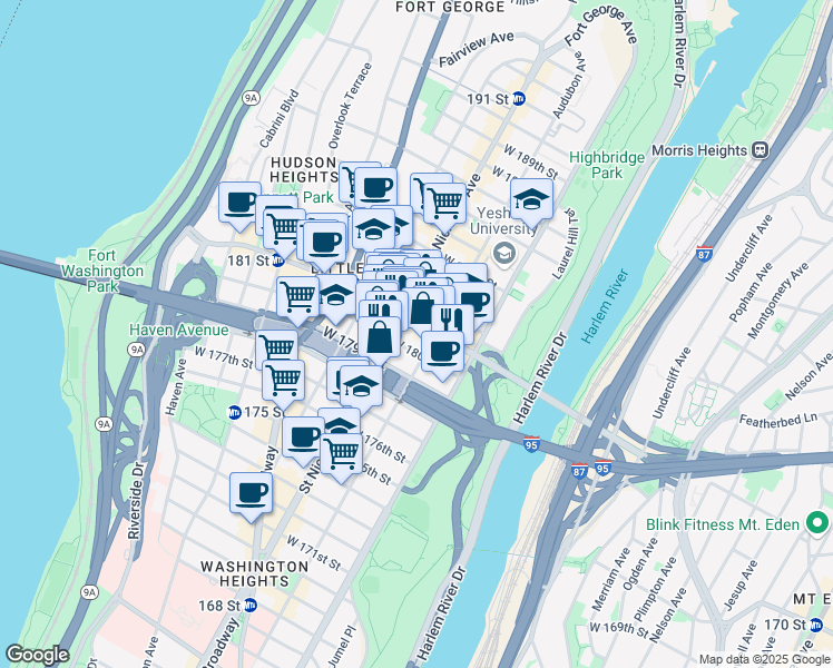 map of restaurants, bars, coffee shops, grocery stores, and more near 550 West 181st Street in New York