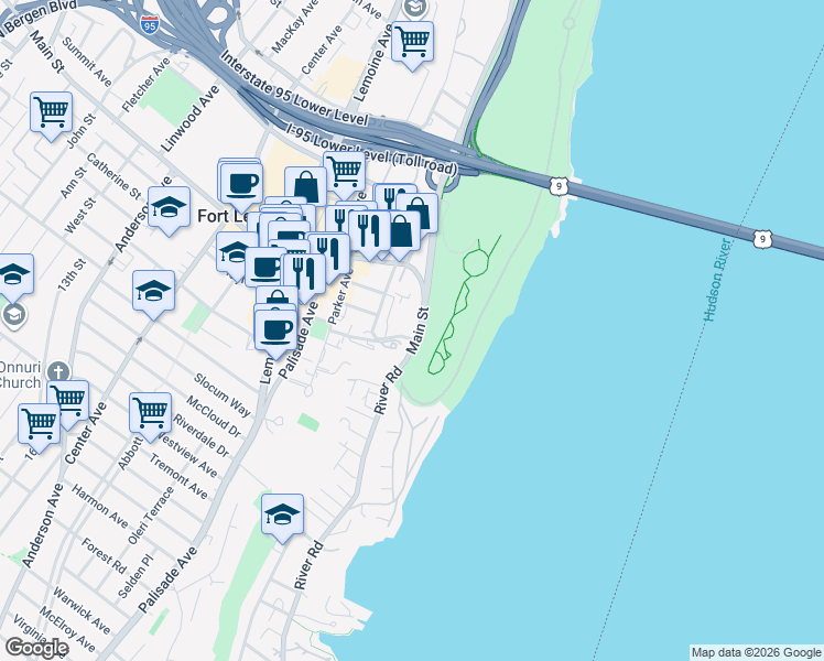 map of restaurants, bars, coffee shops, grocery stores, and more near 100 Old Palisade Road in Fort Lee