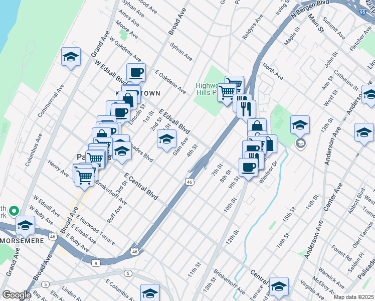 map of restaurants, bars, coffee shops, grocery stores, and more near 432 4th Street in Palisades Park
