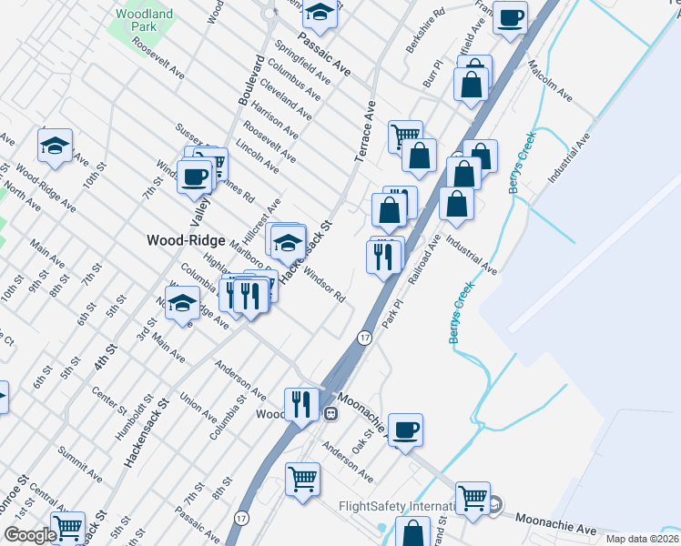 map of restaurants, bars, coffee shops, grocery stores, and more near 540 Windsor Road in Wood-Ridge
