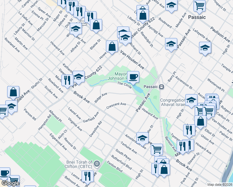 map of restaurants, bars, coffee shops, grocery stores, and more near 74 Crescent Avenue in Passaic