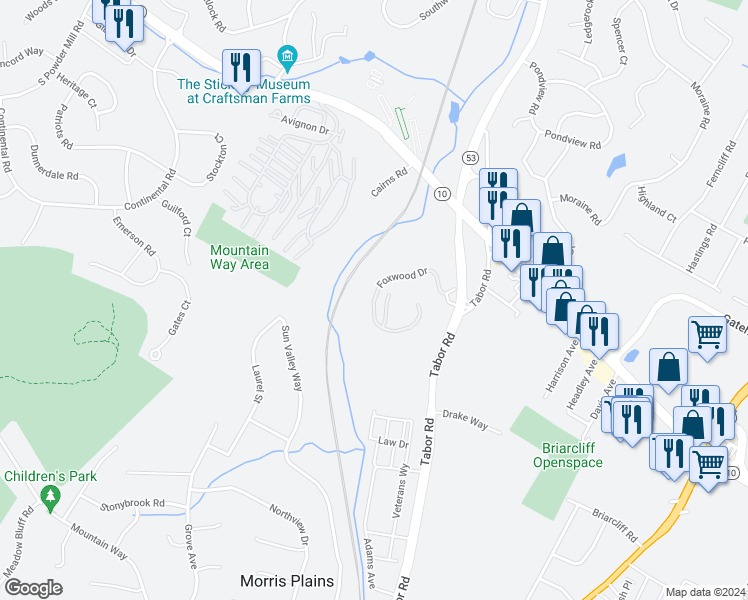 map of restaurants, bars, coffee shops, grocery stores, and more near 12 Foxwood Drive in Morris Plains