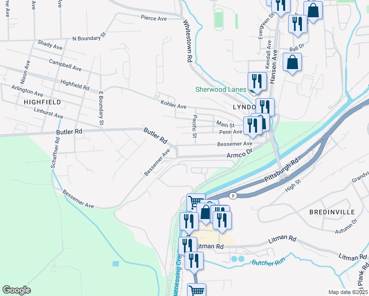 map of restaurants, bars, coffee shops, grocery stores, and more near 426 Bessemer Avenue in Lyndora