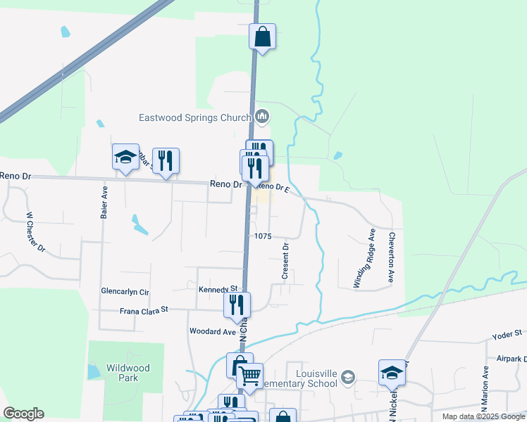 map of restaurants, bars, coffee shops, grocery stores, and more near 1275 Fairlawn Avenue in Louisville