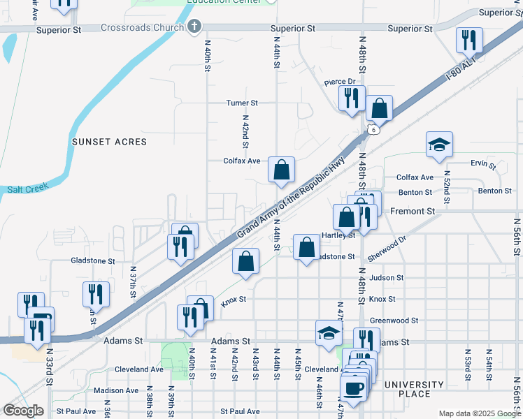 map of restaurants, bars, coffee shops, grocery stores, and more near 4300 Cornhusker Highway in Lincoln