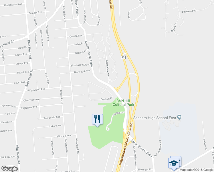 map of restaurants, bars, coffee shops, grocery stores, and more near 31 Overlook Drive in Farmingville