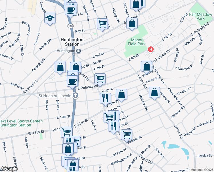 map of restaurants, bars, coffee shops, grocery stores, and more near 1 East 8th Street in Huntington Station