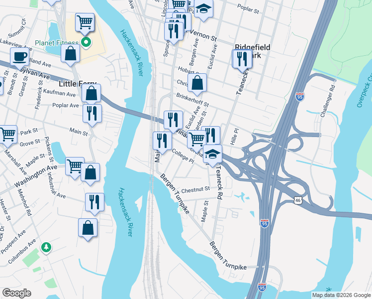 map of restaurants, bars, coffee shops, grocery stores, and more near 41 Edison Street in Ridgefield Park