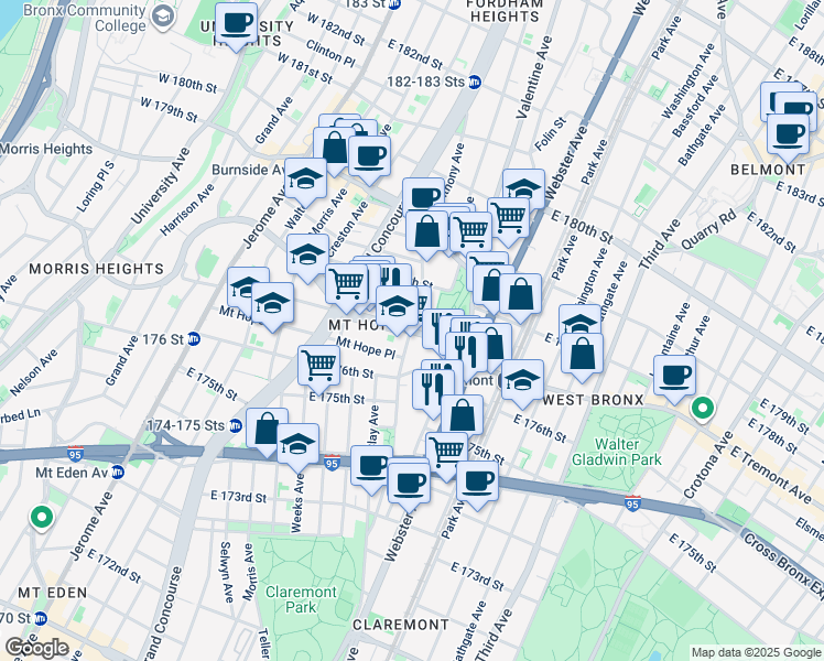map of restaurants, bars, coffee shops, grocery stores, and more near E Tremont Ave & Anthony Ave in Bronx