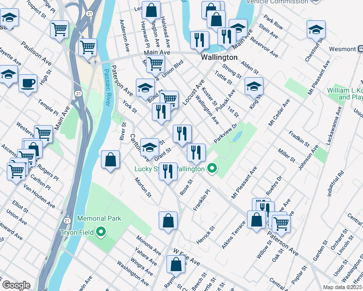 map of restaurants, bars, coffee shops, grocery stores, and more near 798 Paterson Avenue in East Rutherford
