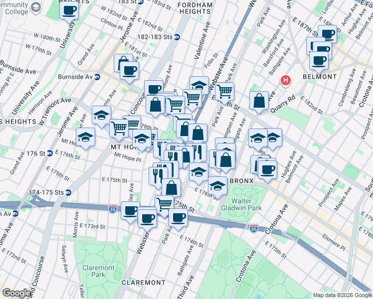 map of restaurants, bars, coffee shops, grocery stores, and more near 408 East Tremont Avenue in The Bronx