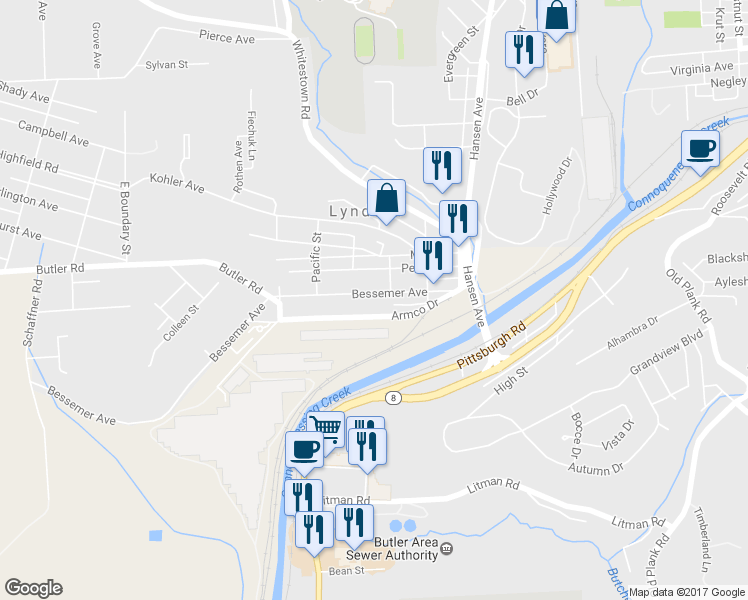 map of restaurants, bars, coffee shops, grocery stores, and more near 202 Penn Avenue in Lyndora