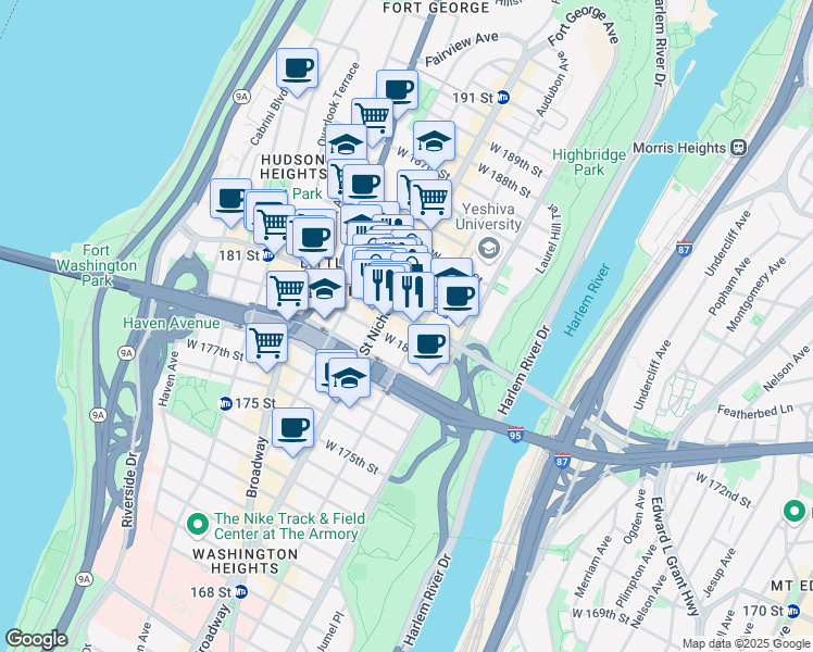 map of restaurants, bars, coffee shops, grocery stores, and more near 554 West 181st Street in New York