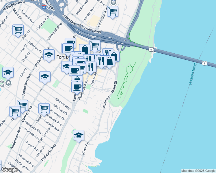 map of restaurants, bars, coffee shops, grocery stores, and more near 1635 Federspiel Street in Fort Lee