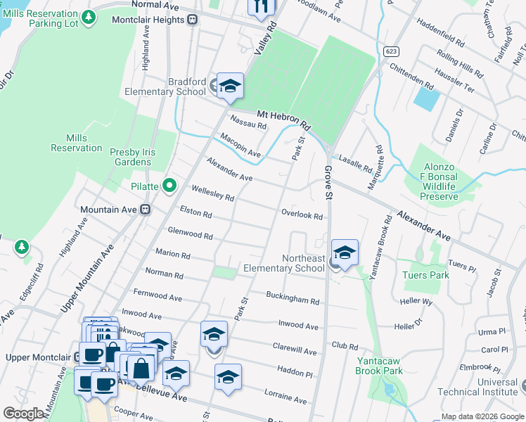 map of restaurants, bars, coffee shops, grocery stores, and more near 92 Overlook Road in Montclair