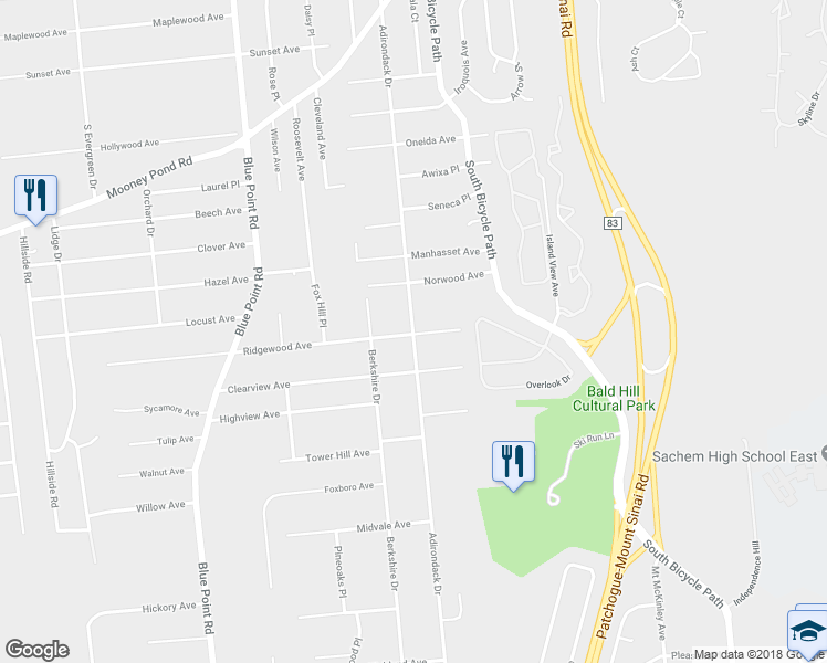 map of restaurants, bars, coffee shops, grocery stores, and more near 261 Adirondack Drive in Selden
