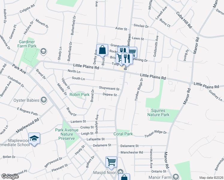 map of restaurants, bars, coffee shops, grocery stores, and more near 36 South Lane in Huntington