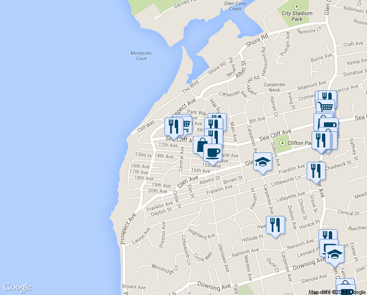 map of restaurants, bars, coffee shops, grocery stores, and more near 300 Sea Cliff Avenue in Sea Cliff
