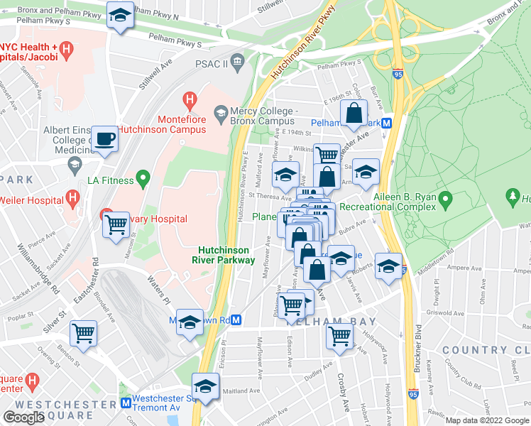 map of restaurants, bars, coffee shops, grocery stores, and more near 2824 Saint Theresa Avenue in Bronx