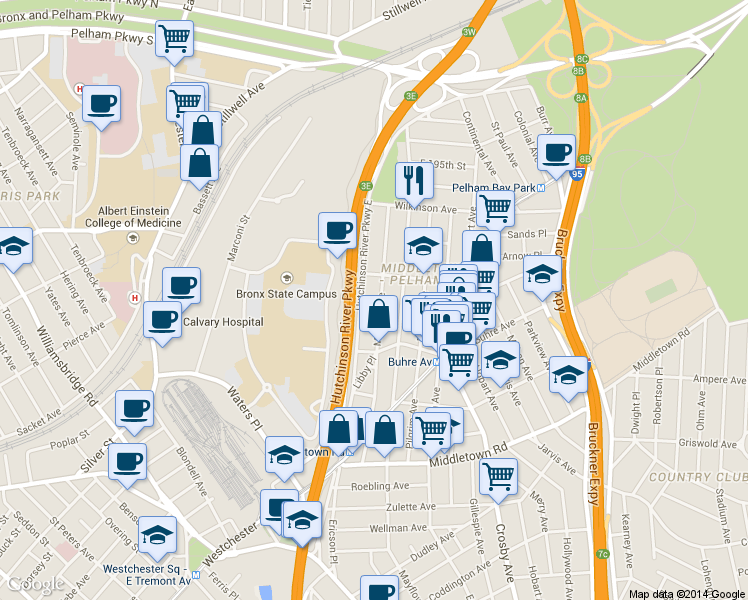 map of restaurants, bars, coffee shops, grocery stores, and more near 1878 Hutchinson River Parkway in Bronx