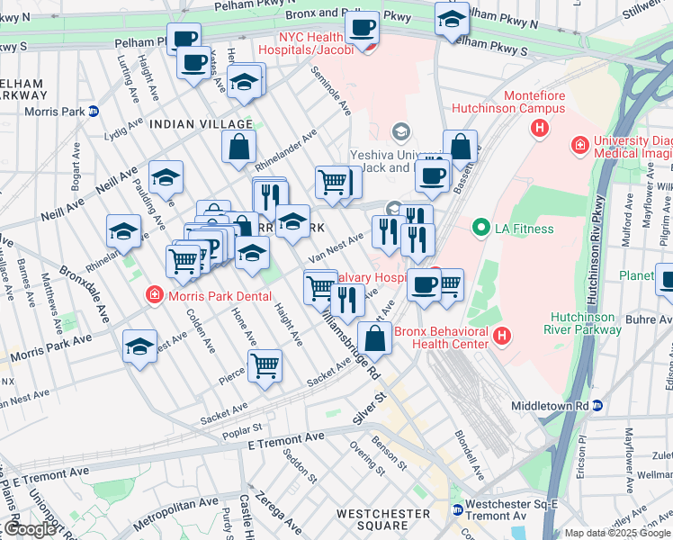 map of restaurants, bars, coffee shops, grocery stores, and more near 1656 Hering Avenue in The Bronx