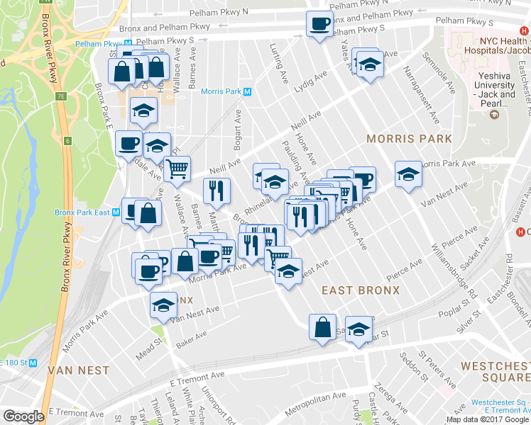 map of restaurants, bars, coffee shops, grocery stores, and more near 933 Rhinelander Avenue in Bronx