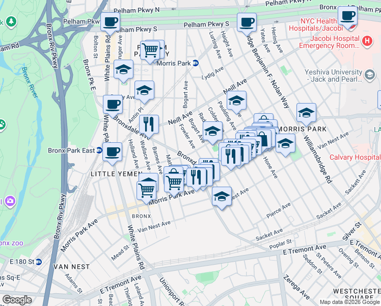 map of restaurants, bars, coffee shops, grocery stores, and more near 933 Rhinelander Avenue in Bronx